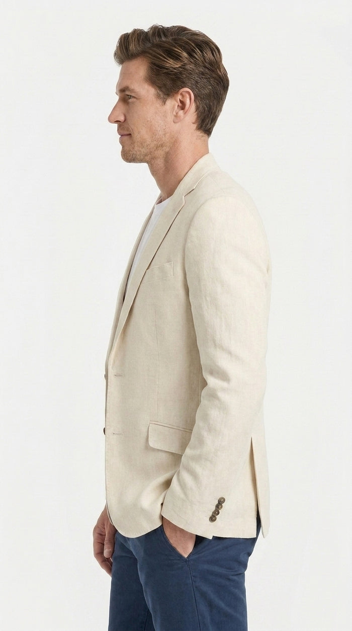 Mens Light Tan Sport Coat – Two-Button Classic Blazer for Business, Wedding & Casual Wear Cream Ivory Linen Fabric