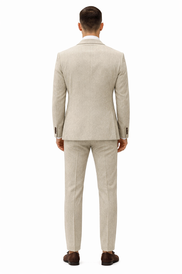 Men’s Light Tan Tweed Suit – Classic Beige Two Piece Suit, Herringbone Formal Wear, Vintage Style Business & Wedding Outfit for Men