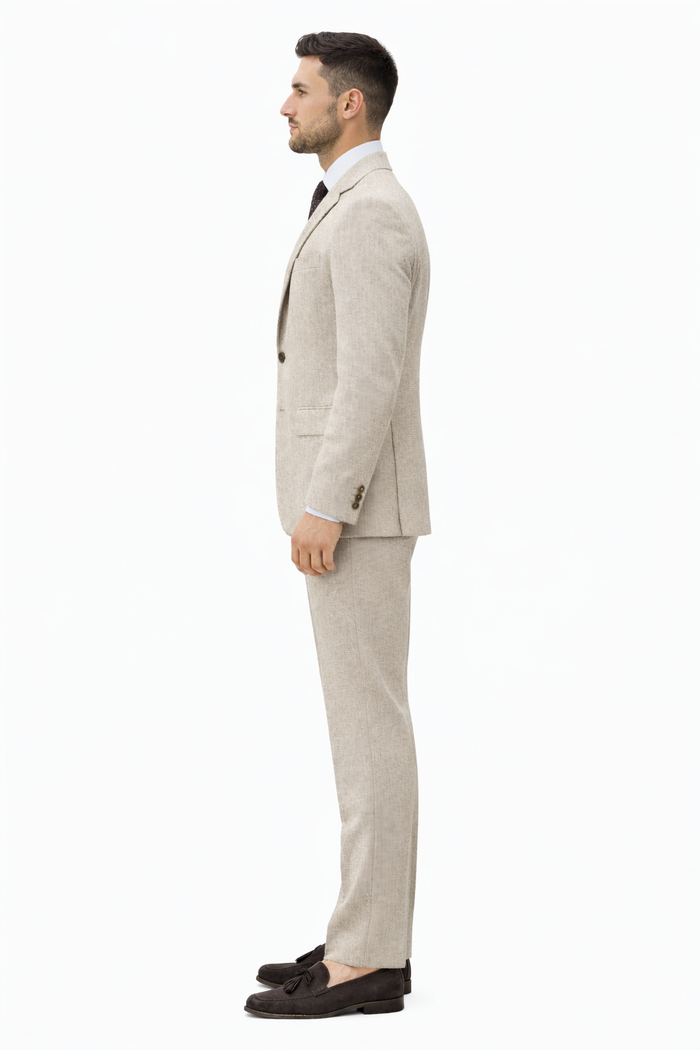 Men’s Light Tan Tweed Suit – Classic Beige Two Piece Suit, Herringbone Formal Wear, Vintage Style Business & Wedding Outfit for Men