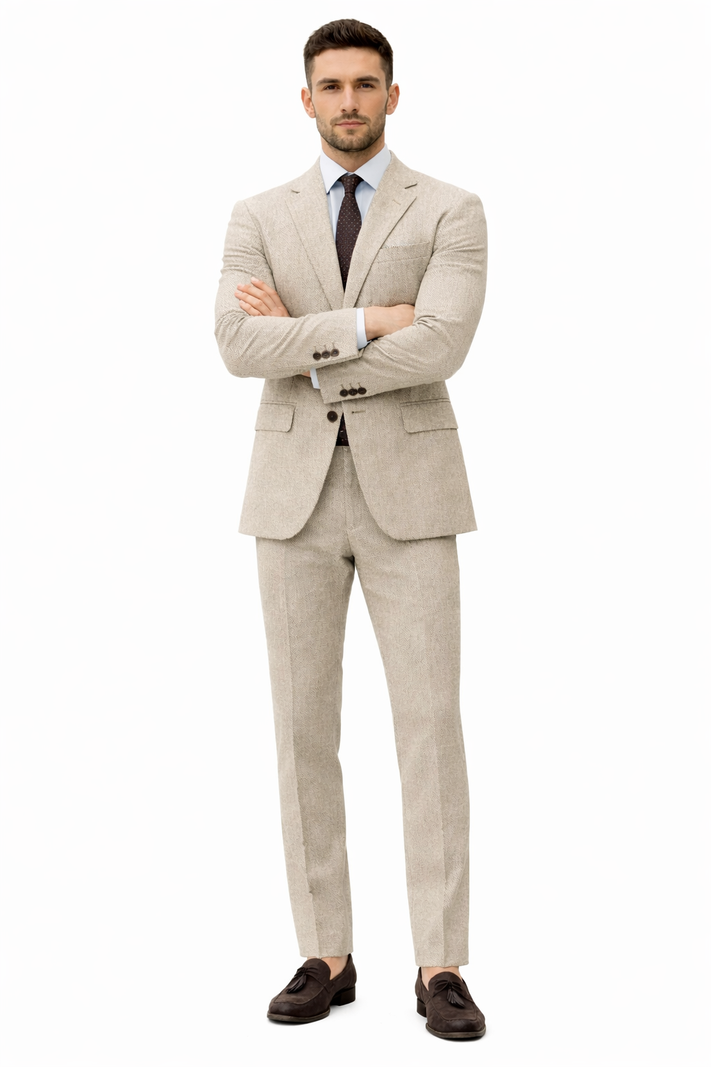 Men’s Light Tan Tweed Suit – Classic Beige Two Piece Suit, Herringbone Formal Wear, Vintage Style Business & Wedding Outfit for Men