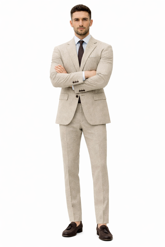 Men’s Light Tan Tweed Suit – Classic Beige Two Piece Suit, Herringbone Formal Wear, Vintage Style Business & Wedding Outfit for Men