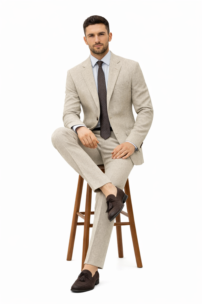 Men’s Light Tan Tweed Suit – Classic Beige Two Piece Suit, Herringbone Formal Wear, Vintage Style Business & Wedding Outfit for Men