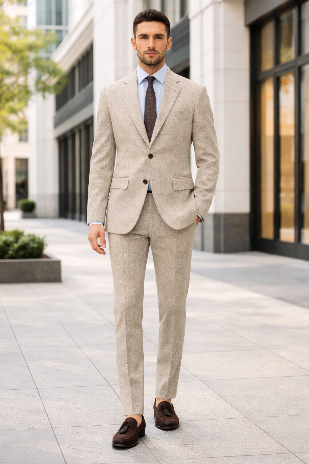 Men’s Light Tan Tweed Suit – Classic Beige Two Piece Suit, Herringbone Formal Wear, Vintage Style Business & Wedding Outfit for Men