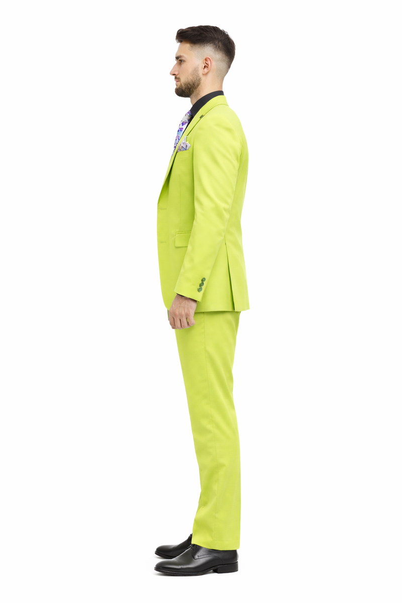 Men's Lime Green Three-Piece Suit with Floral Tie â€“ Slim Fit Tuxedo for Weddings & Parties