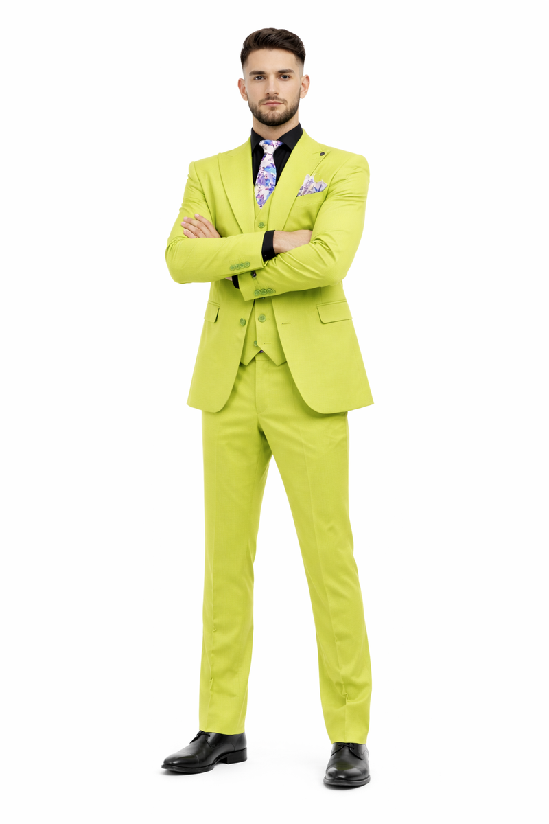Men's Lime Green Three-Piece Suit with Floral Tie â€“ Slim Fit Tuxedo for Weddings & Parties