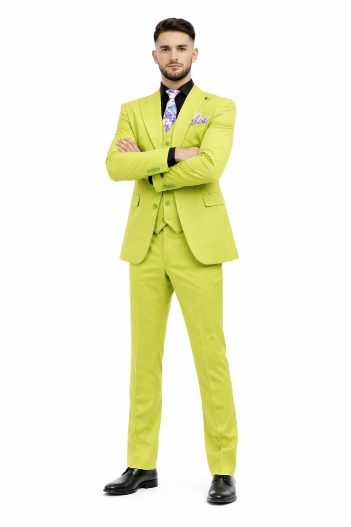 Men's Lime Green Three-Piece Suit with Floral Tie â€“ Slim Fit Tuxedo for Weddings & Parties