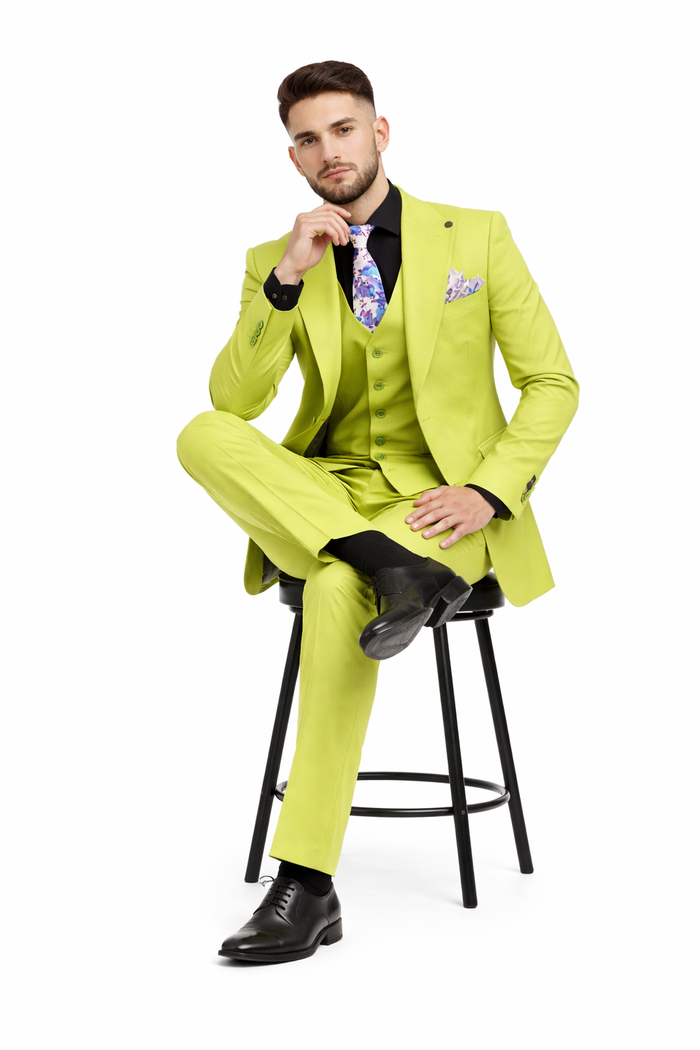 Men's Lime Green Three-Piece Suit with Floral Tie â€“ Slim Fit Tuxedo for Weddings & Parties
