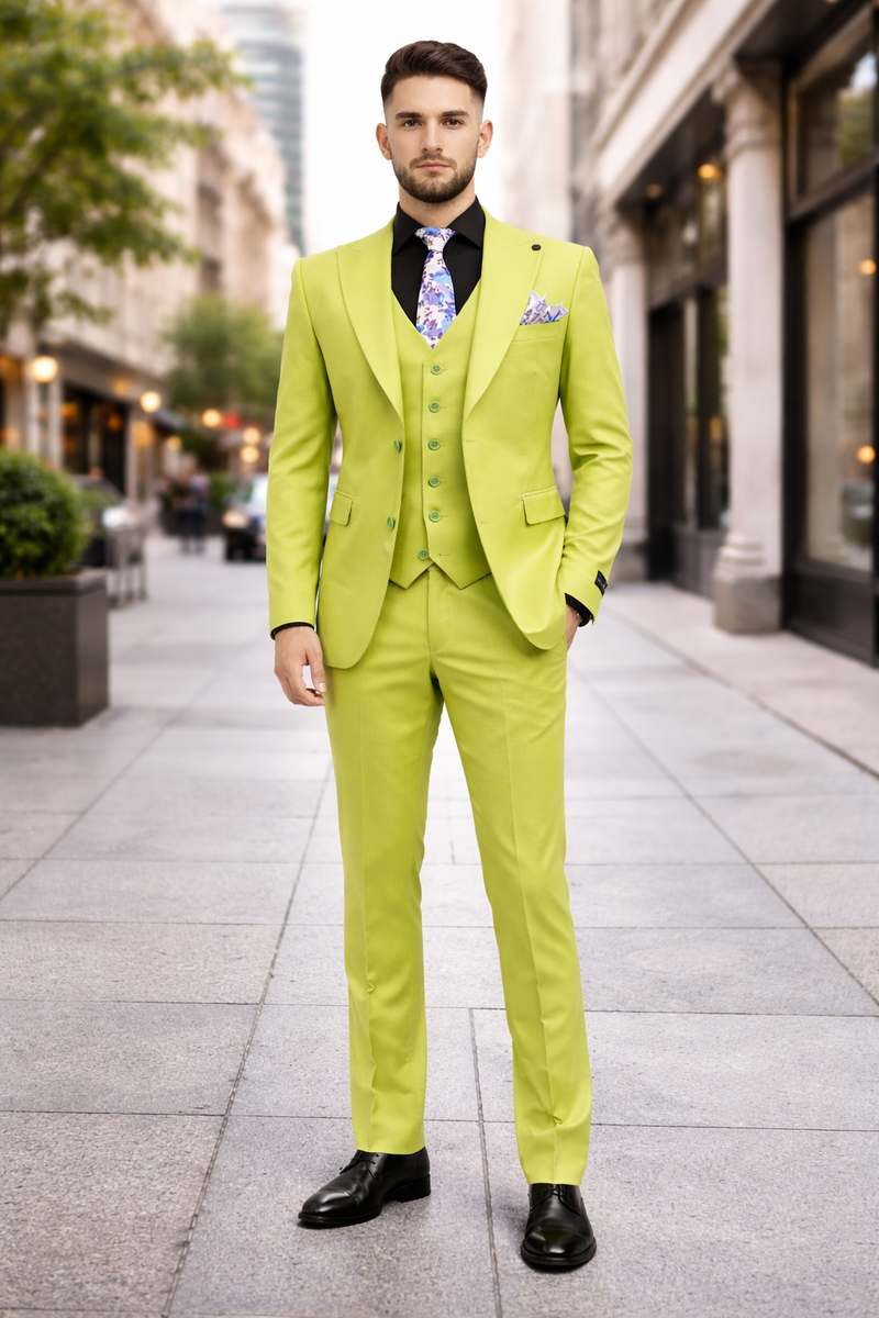 Men's Lime Green Three-Piece Suit with Floral Tie â€“ Slim Fit Tuxedo for Weddings & Parties