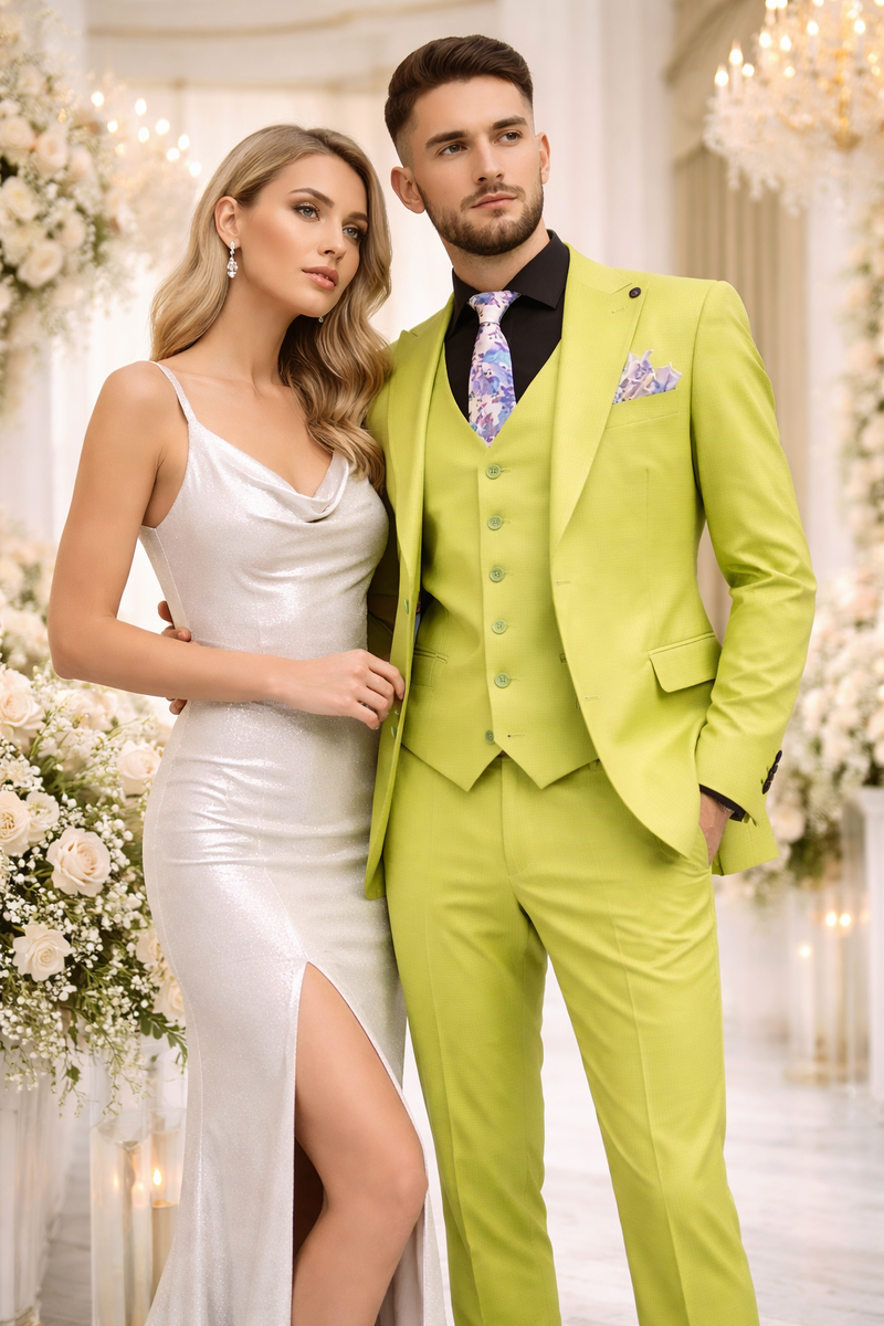 Men's Lime Green Three-Piece Suit with Floral Tie â€“ Slim Fit Tuxedo for Weddings & Parties