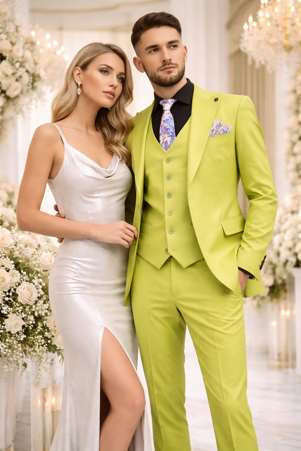 Men's Lime Green Three-Piece Suit with Floral Tie â€“ Slim Fit Tuxedo for Weddings & Parties