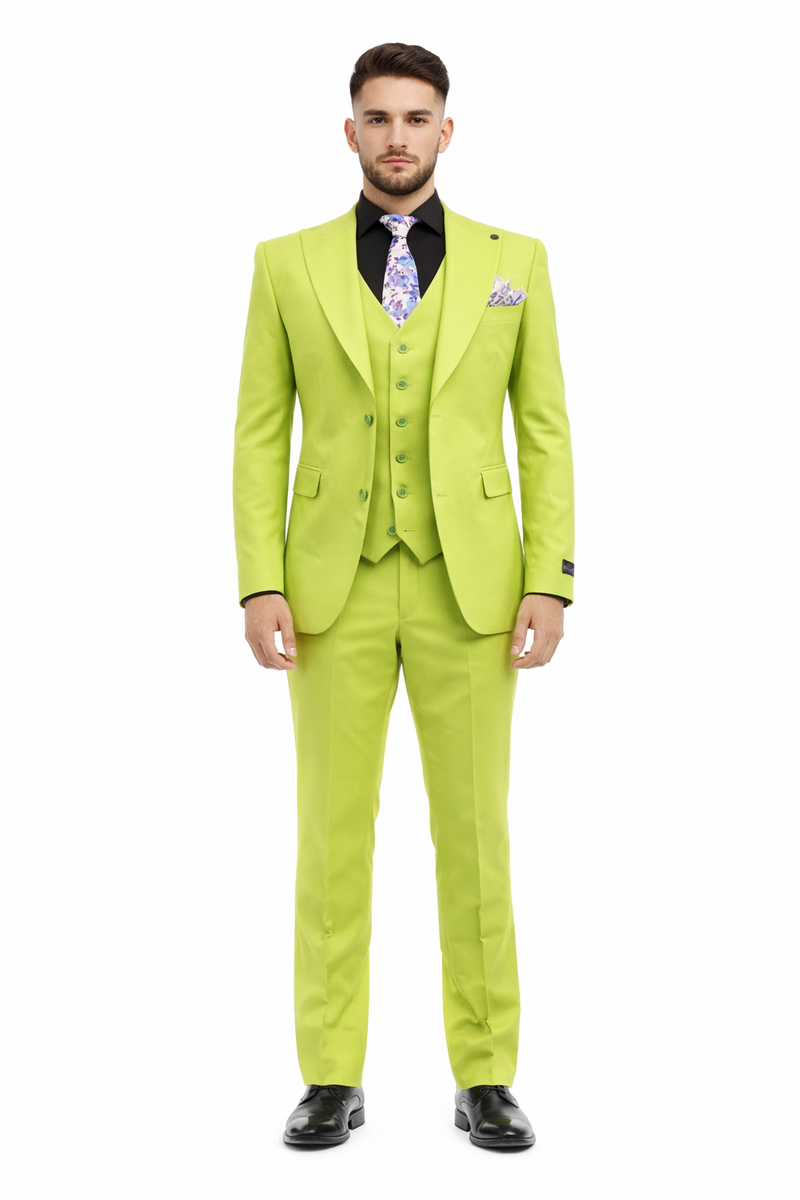Men's Lime Green Three-Piece Suit with Floral Tie â€“ Slim Fit Tuxedo for Weddings & Parties