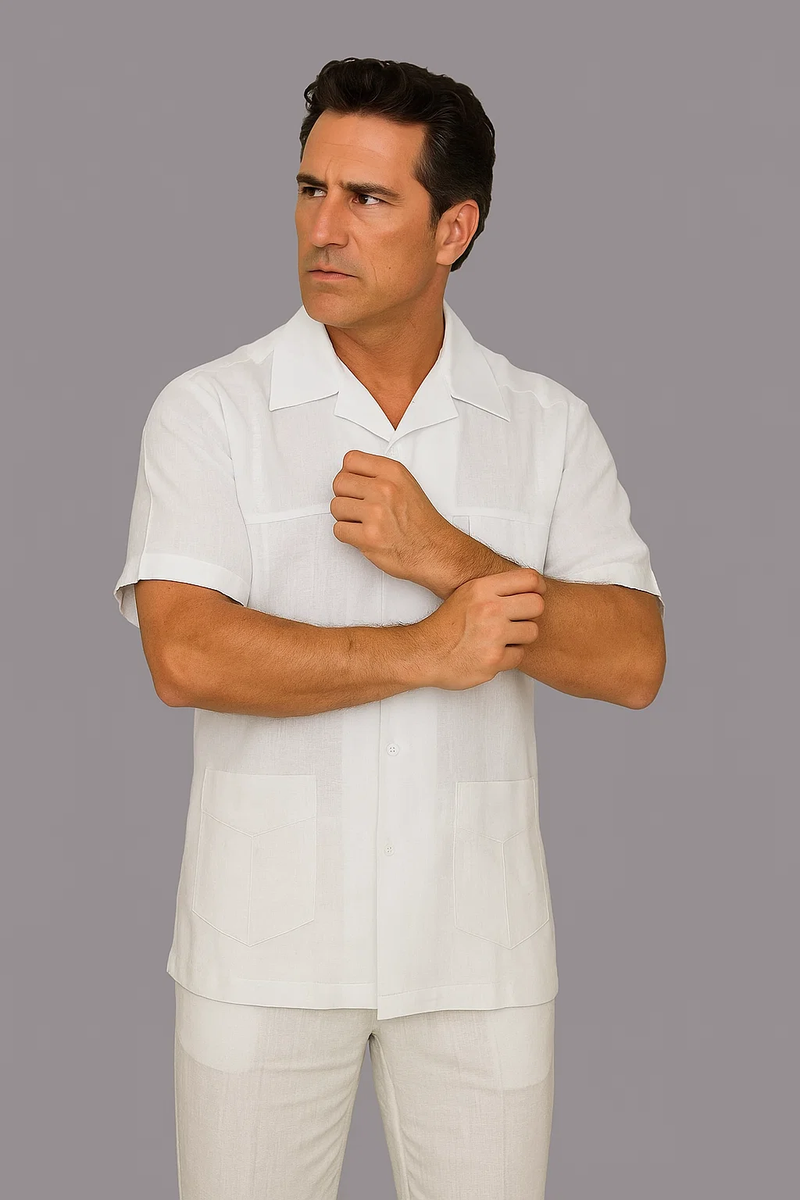 Mens Linen Suit / Cotton French Cuffs 2 Piece Summer Casual Two Piece Mens Walking Outfit For Sale Pant Sets Casual Suit Short sleeve Shirt + Pants White all white outfits for men