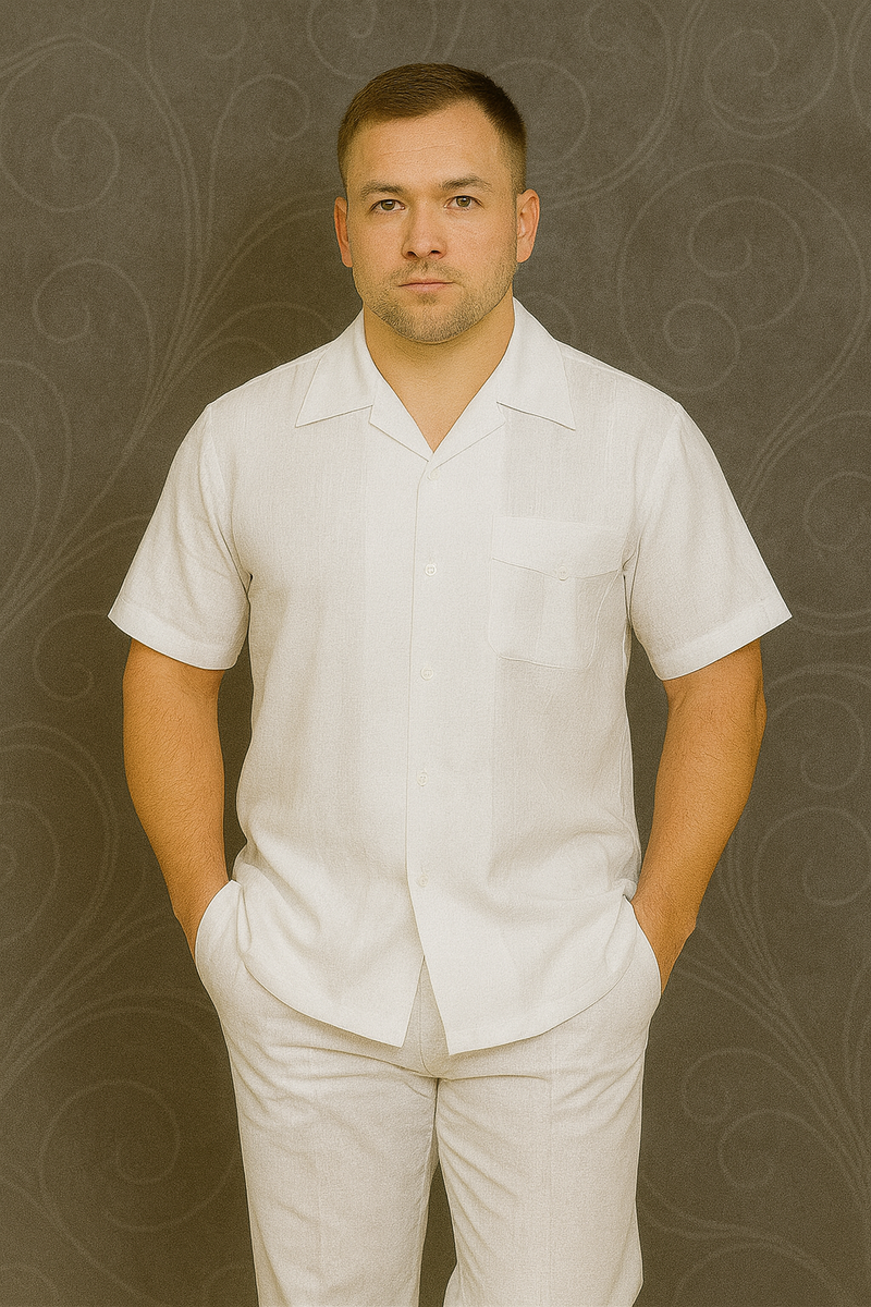 Mens Linen Suit / Cotton French Cuffs 2 Piece Summer Casual Two Piece Mens Walking Outfit For Sale Pant Sets Casual Suit Short sleeve Shirt + Pants White all white outfits for men