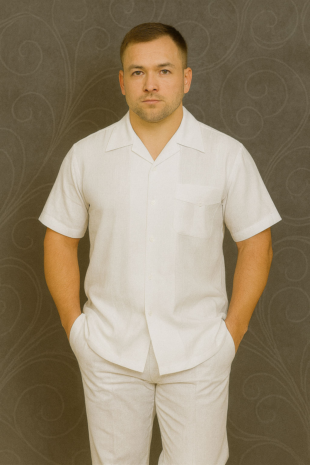 Mens Linen Suit / Cotton French Cuffs 2 Piece Summer Casual Two Piece Mens Walking Outfit For Sale Pant Sets Casual Suit Short sleeve Shirt + Pants White all white outfits for men