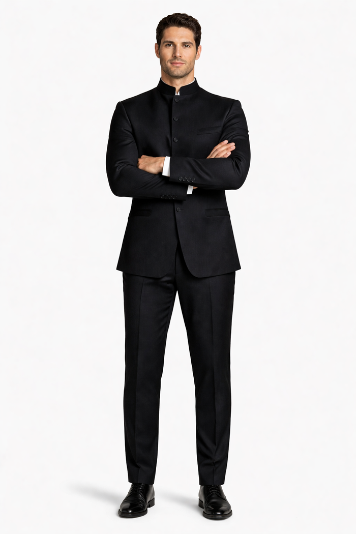 Mens Long Mandarin Collar Zoot Suit Black Tuxedo