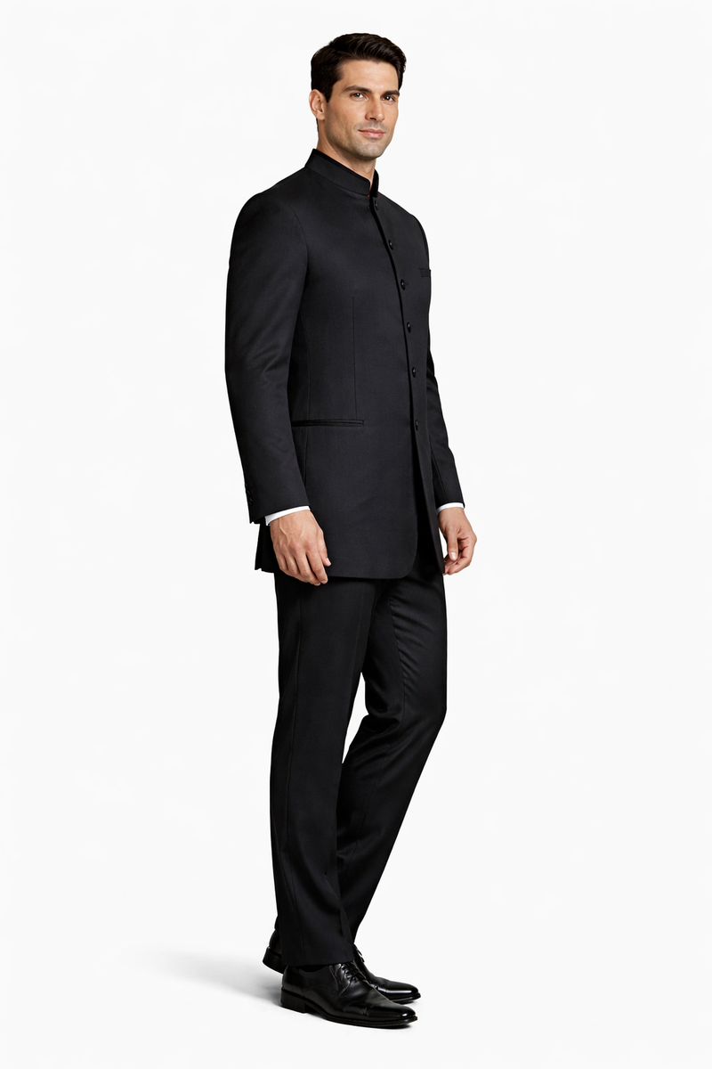 Mens Long Mandarin Collar Zoot Suit Black Tuxedo