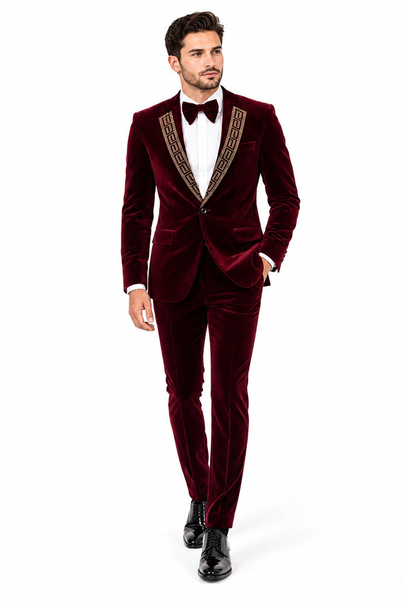EJ Samuel Men's Burgundy Modern Fit Velvet Tuxedo with Gold Sequin Lapel