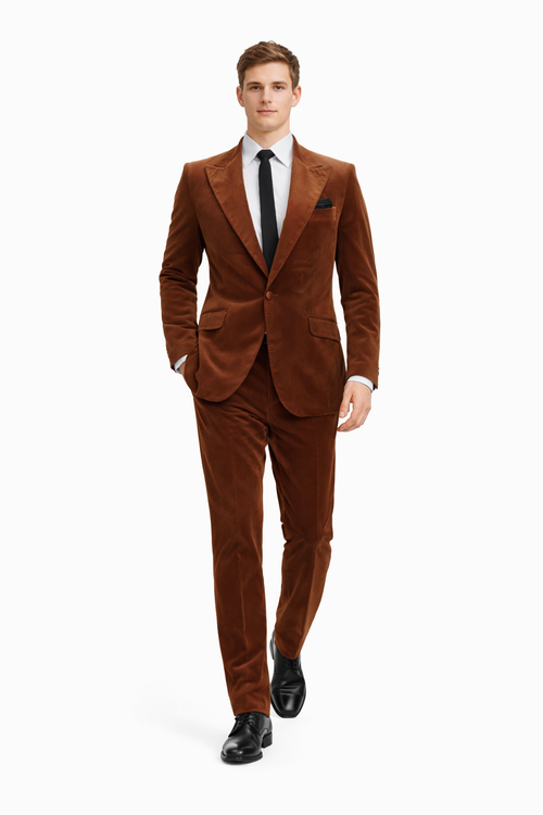 Men's brown velvet 2-piece suit in rust copper. Luxury slim fit blazer with notched lapels & matching trousers. Smooth, high-quality texture.
