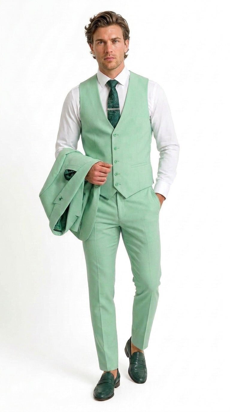 Mens Mint Green 3-Piece Suit – Slim Fit Wedding, Prom & Formal Suit with Matching Vest By Derman