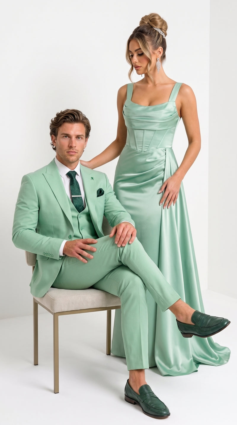 Mens Mint Green 3-Piece Suit – Slim Fit Wedding, Prom & Formal Suit with Matching Vest By Derman
