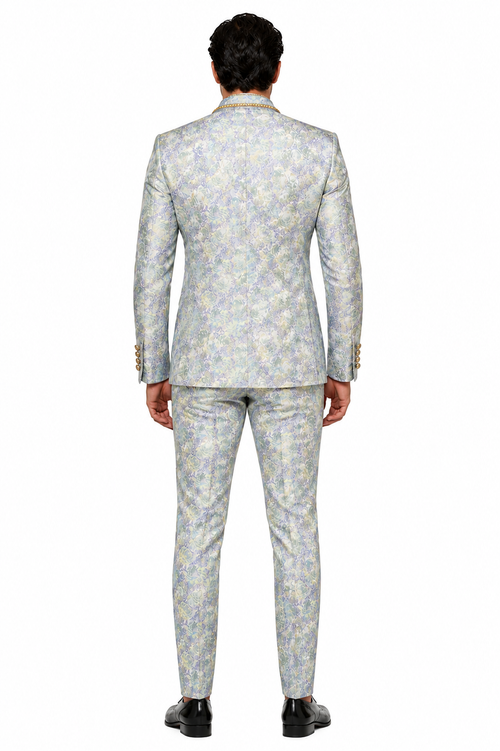 Men's Mint Green - Sage and Gold Trim Collar Floral Brocade Blazer with  Gold Embellishments Prom Suit