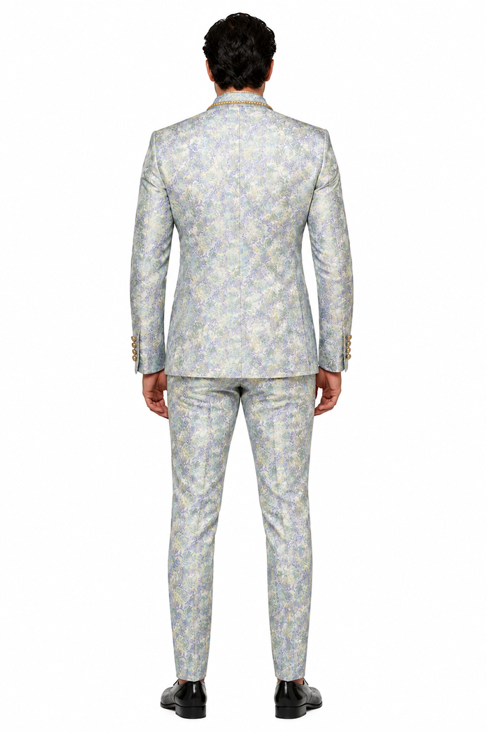 Men's Mint Green - Sage and Gold Trim Collar Floral Brocade Blazer with Gold Embellishments Prom Suit