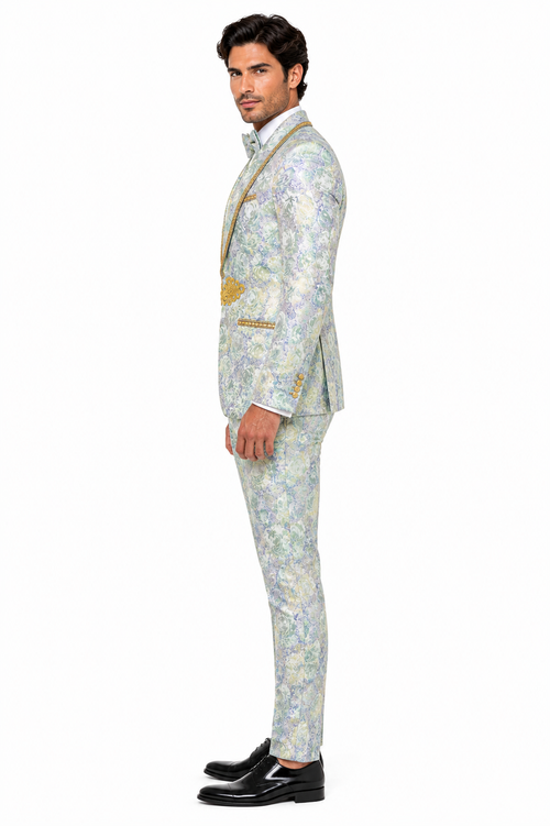 Men's Mint Green - Sage and Gold Trim Collar Floral Brocade Blazer with Gold Embellishments Prom Suit