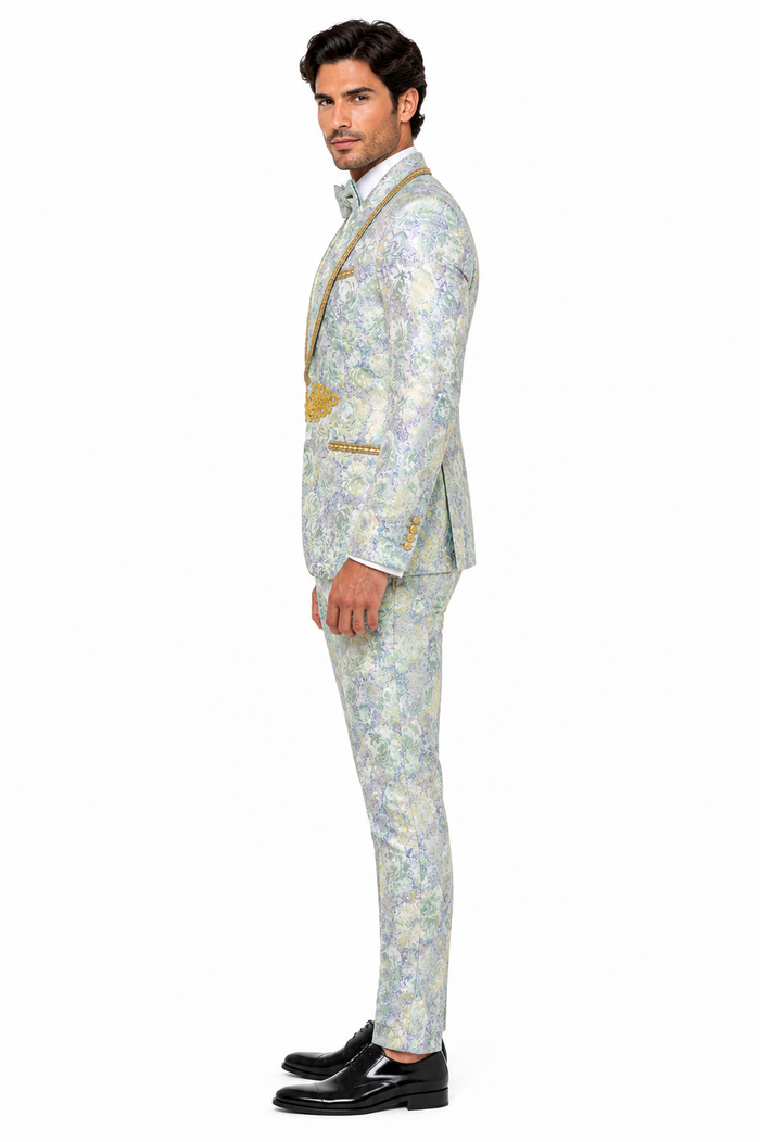 Men's Mint Green - Sage and Gold Trim Collar Floral Brocade Blazer with Gold Embellishments Prom Suit