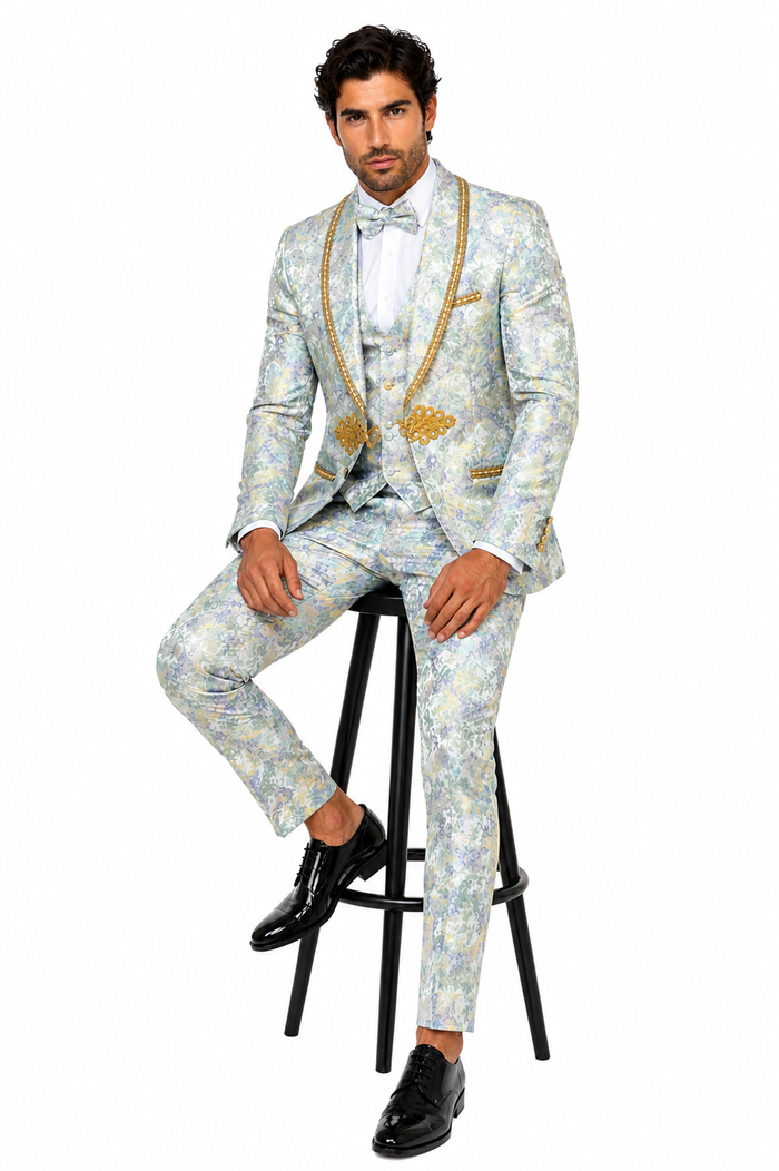 Men's Mint Green - Sage and Gold Trim Collar Floral Brocade Blazer with Gold Embellishments Prom Suit