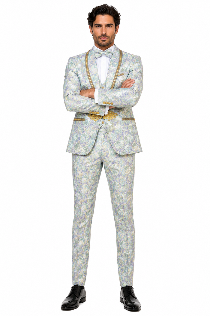 Men's Mint Green - Sage and Gold Trim Collar Floral Brocade Blazer with Gold Embellishments Prom Suit