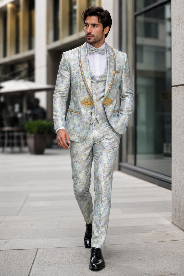 Men's Mint Green - Sage and Gold Trim Collar Floral Brocade Blazer with Gold Embellishments Prom Suit