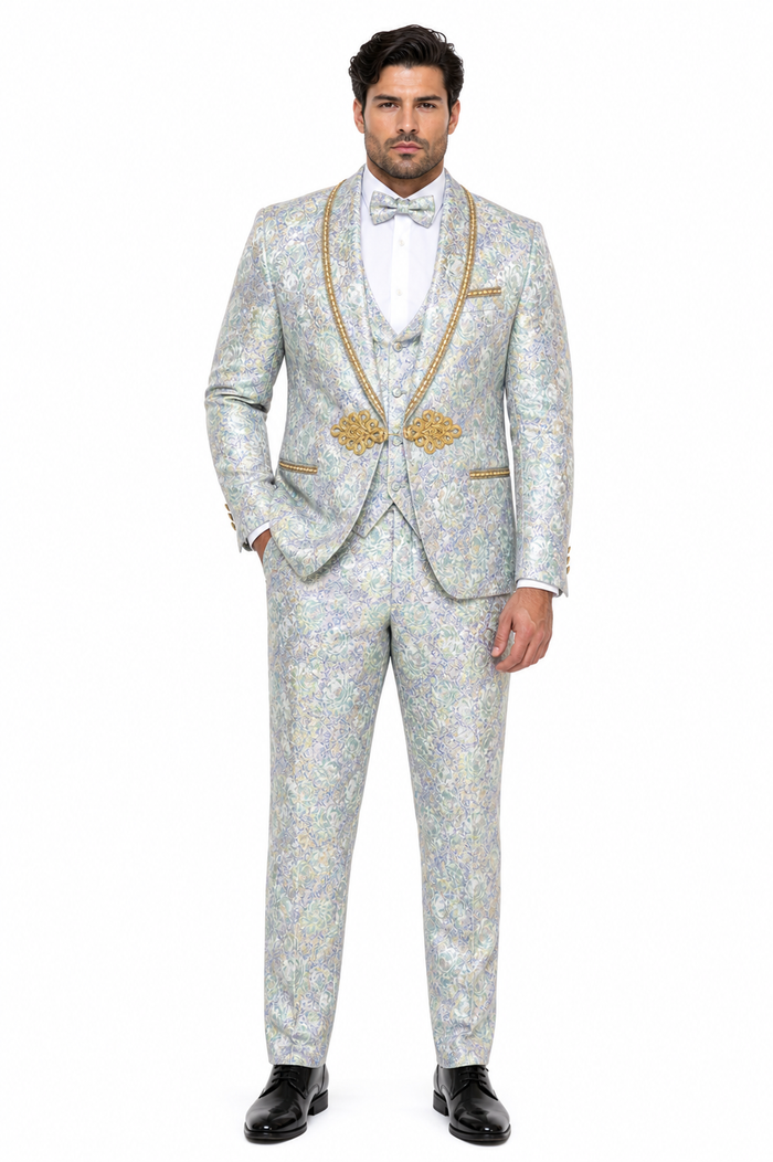 Men's Mint Green - Sage and Gold Trim Collar Floral Brocade Blazer with Gold Embellishments Prom Suit