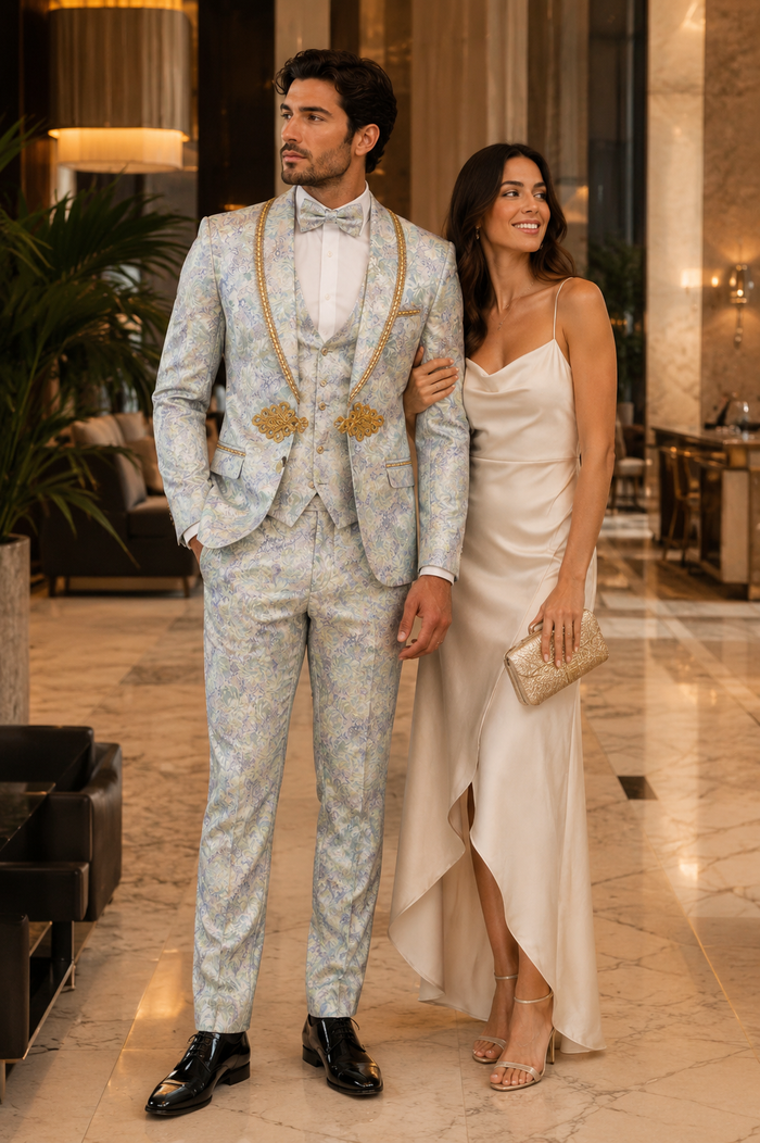 Men's Mint Green - Sage and Gold Trim Collar Floral Brocade Blazer with Gold Embellishments Prom Suit