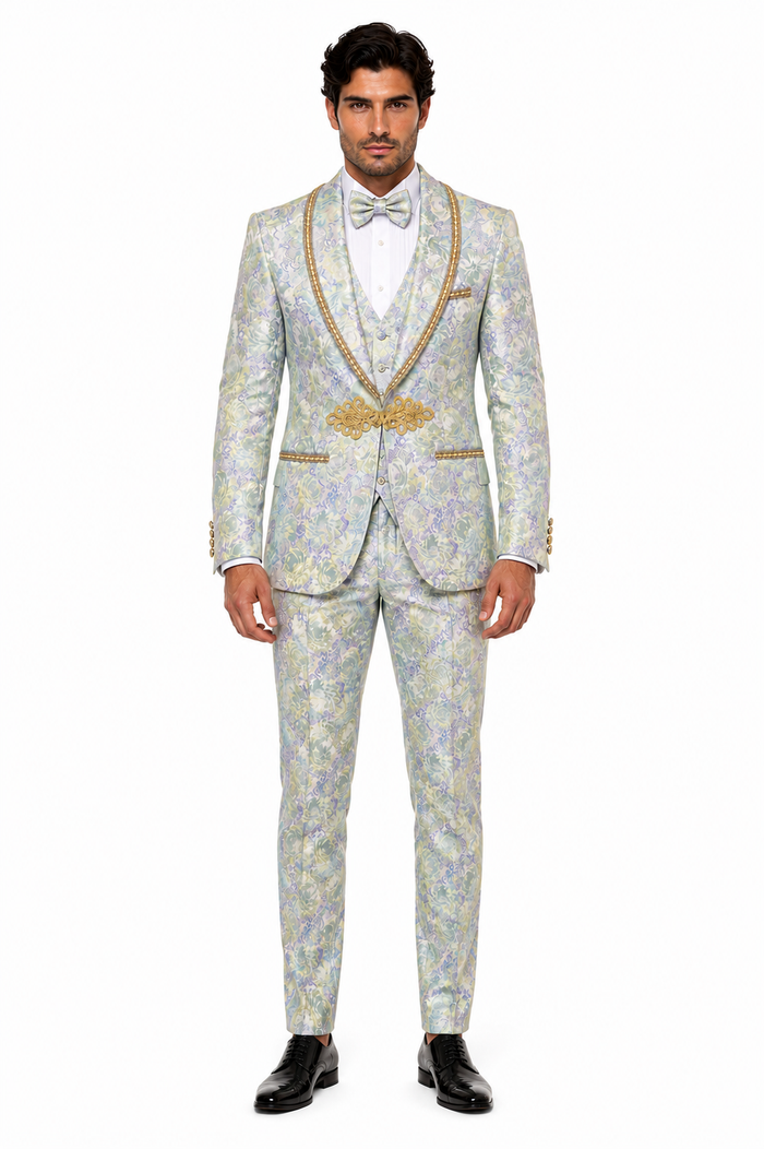 Men's Mint Green - Sage and Gold Trim Collar Floral Brocade Blazer with Gold Embellishments Prom Suit