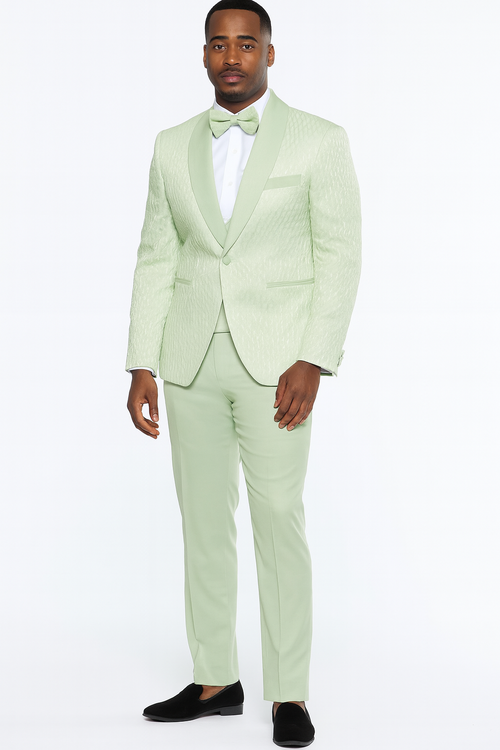 Men’s Mint Green Tuxedo Suit – Slim Fit Shawl Lapel with Matching Bow Tie in Sage Green Color - Light Green