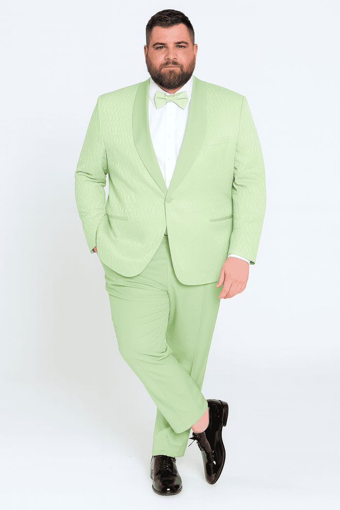 Men's slim-fit mint green tuxedo with shawl lapel. Includes a sage green bow tie and textured jacket finish. Stylish and modern.
