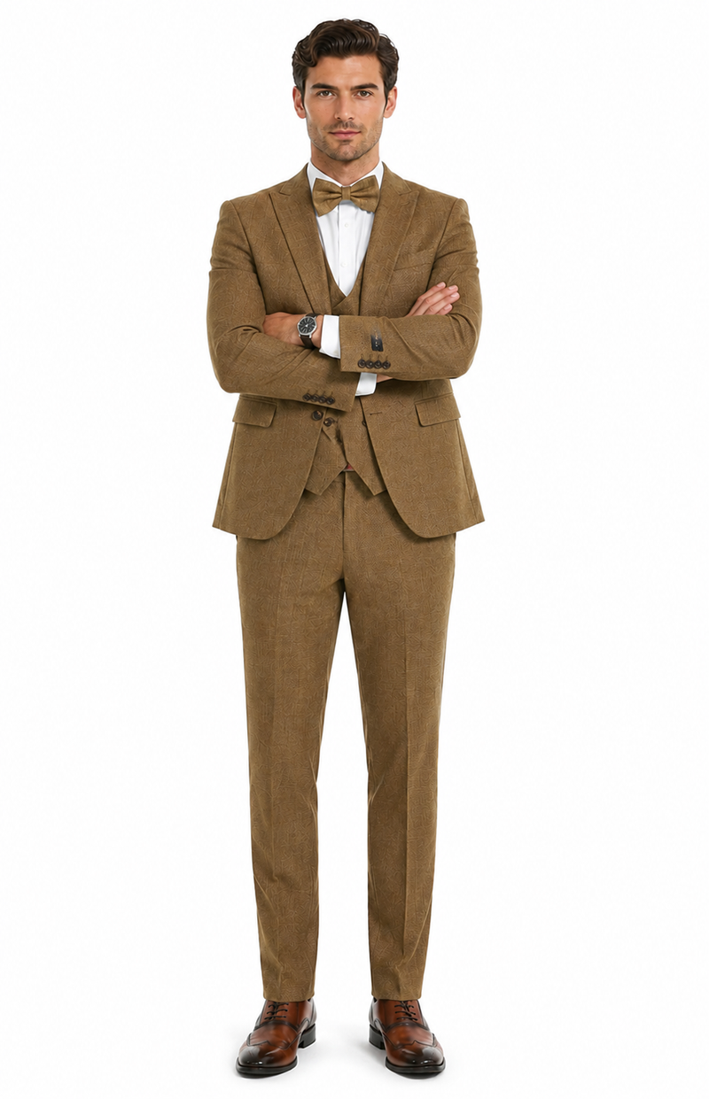 Mens Mocca Brown Taupe textured 1920s Great Gatsby Inspired Suit – Vintage Three Piece Retro Formal Suit Peak Lapel