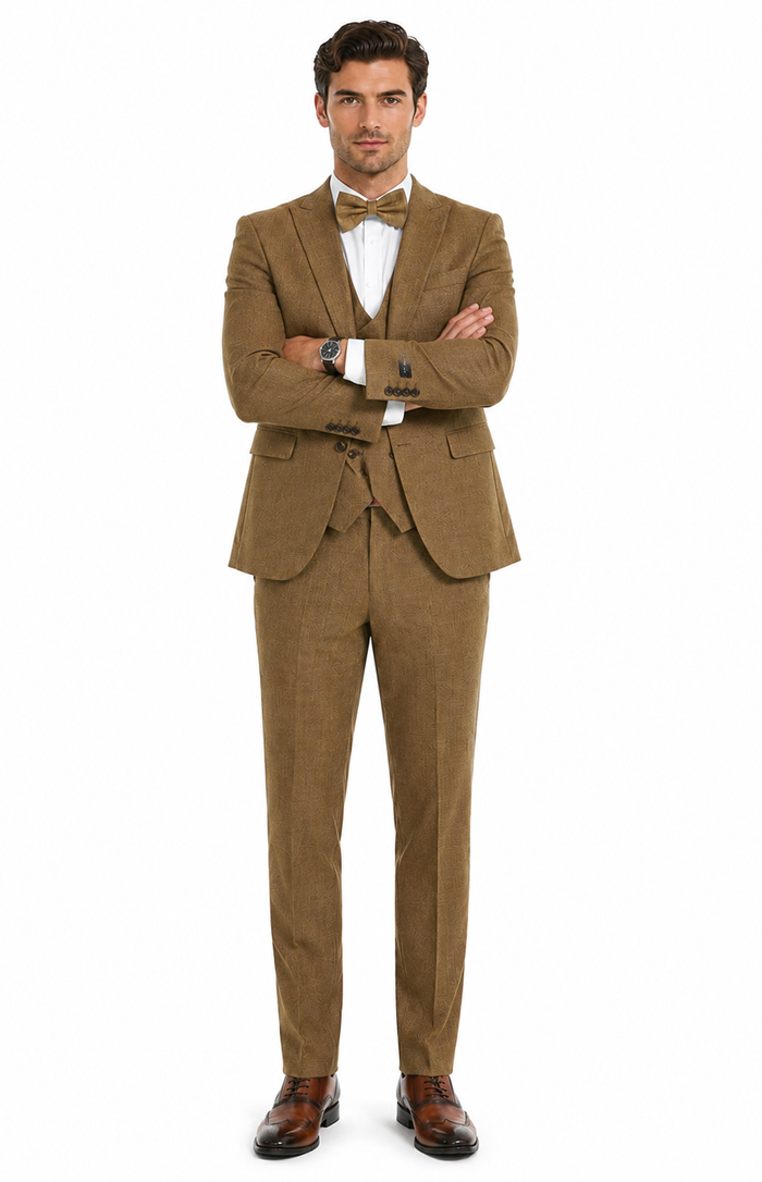 Mens Mocca Brown Taupe textured 1920s Great Gatsby Inspired Suit – Vintage Three Piece Retro Formal Suit Peak Lapel