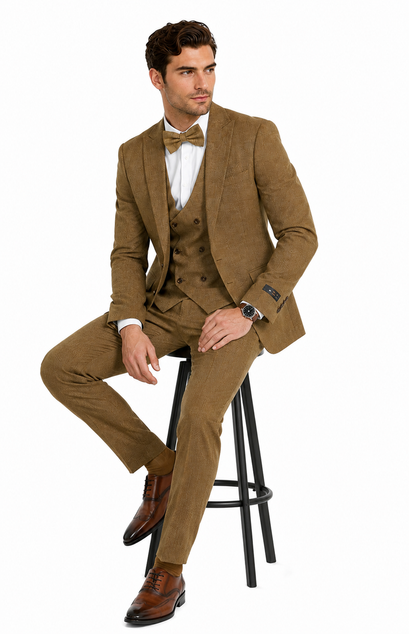 Mens Mocca Brown Taupe textured 1920s Great Gatsby Inspired Suit – Vintage Three Piece Retro Formal Suit Peak Lapel