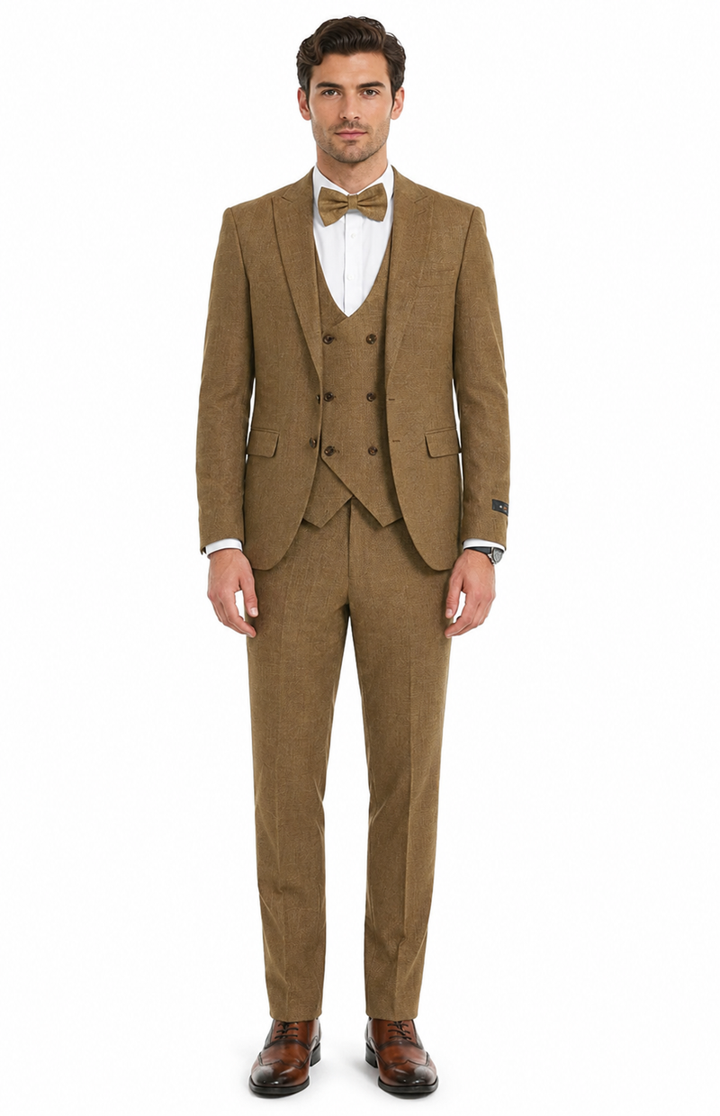 Mens Mocca Brown Taupe textured 1920s Great Gatsby Inspired Suit – Vintage Three Piece Retro Formal Suit Peak Lapel