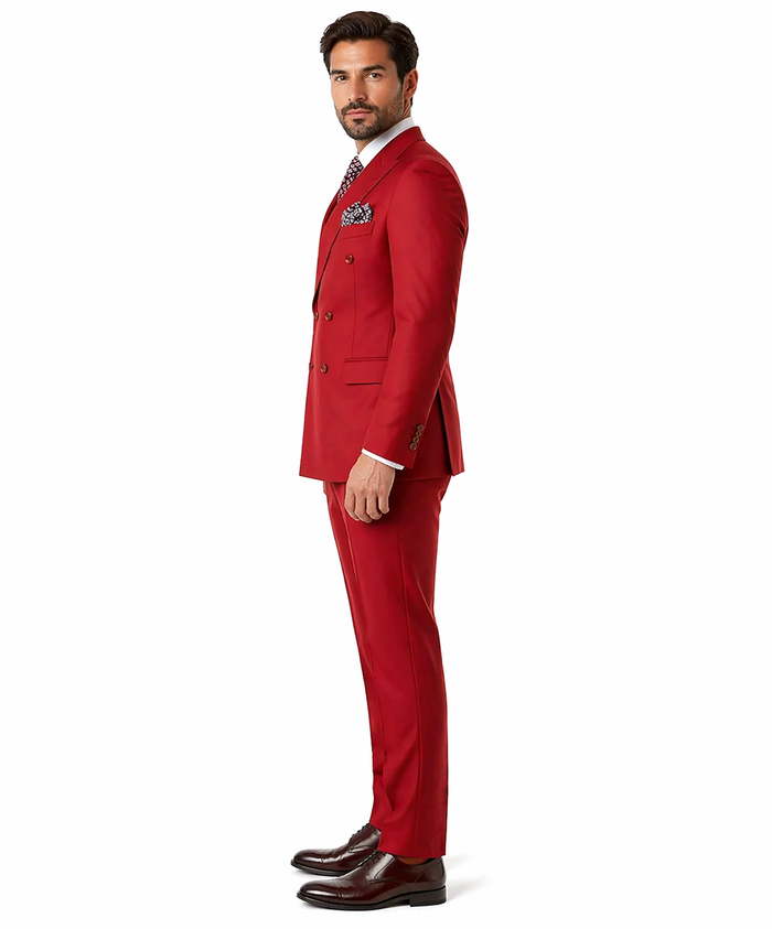 Mens Modern Double Breasted Peak Lapel Suit in Red