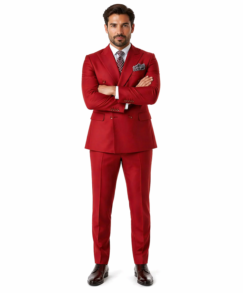 Mens Modern Double Breasted Peak Lapel Suit in Red