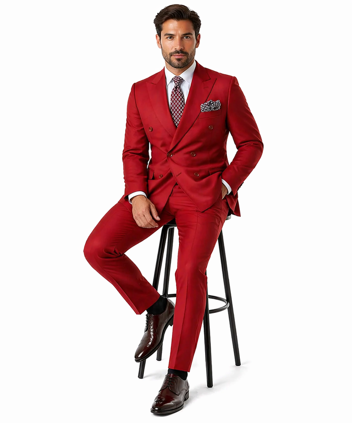 Mens Modern Double Breasted Peak Lapel Suit in Red