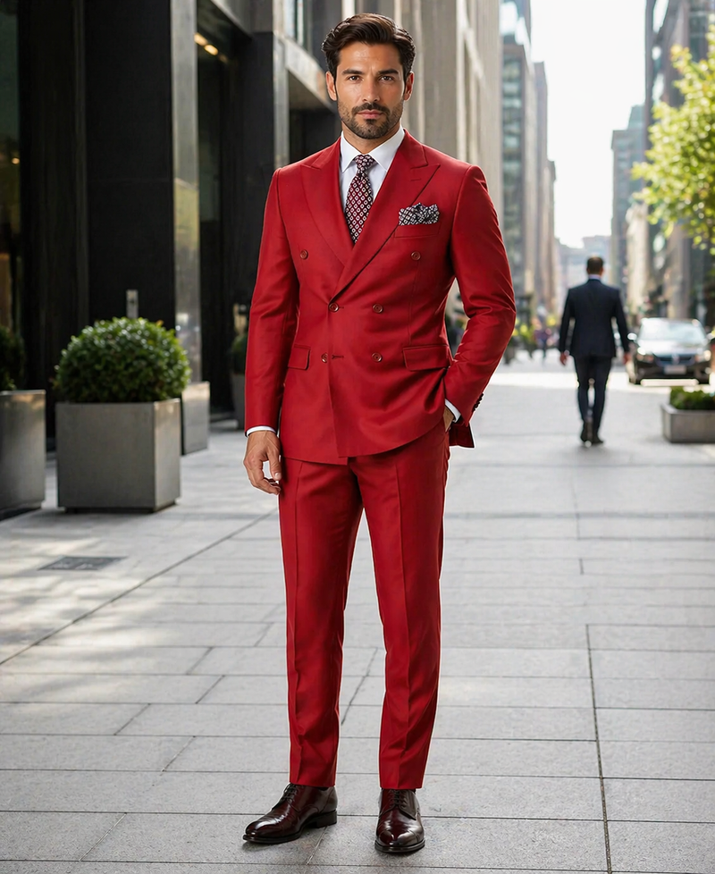 Mens Modern Double Breasted Peak Lapel Suit in Red
