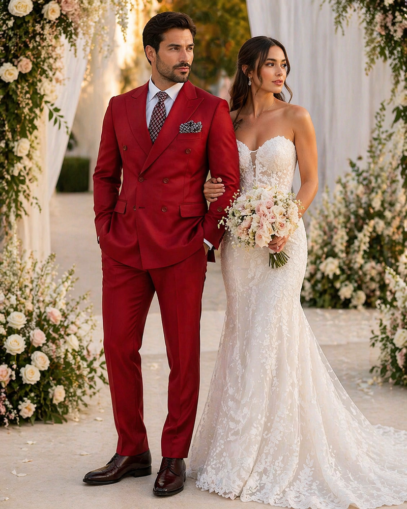 Mens Modern Double Breasted Peak Lapel Suit in Red