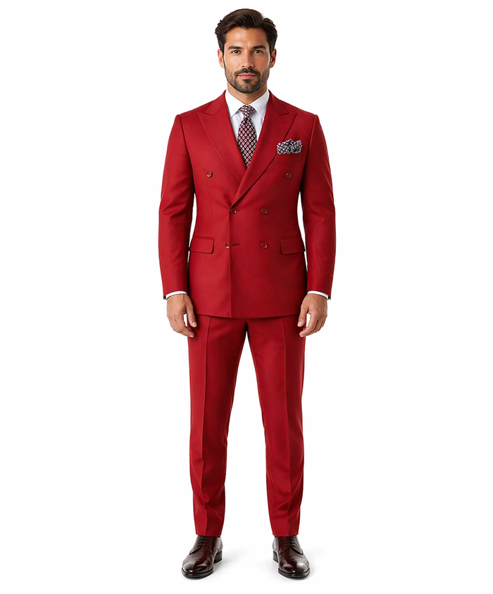 Mens Modern Double Breasted Peak Lapel Suit in Red