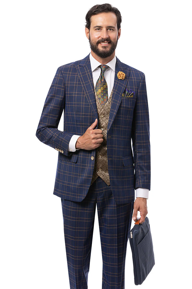 Modern fit Marc Darcy wedding suit: navy double windowpane plaid with brown lines. Includes jacket (notch lapels, vent), straight-fit trousers, patterned waistcoat, and matching tie. Formal blend.

