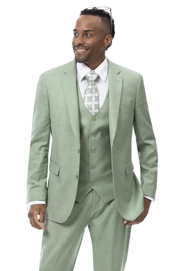 Mens Modern Fit Two Button Vested Notch Lapel Sharkskin Business Suit in Moss Green