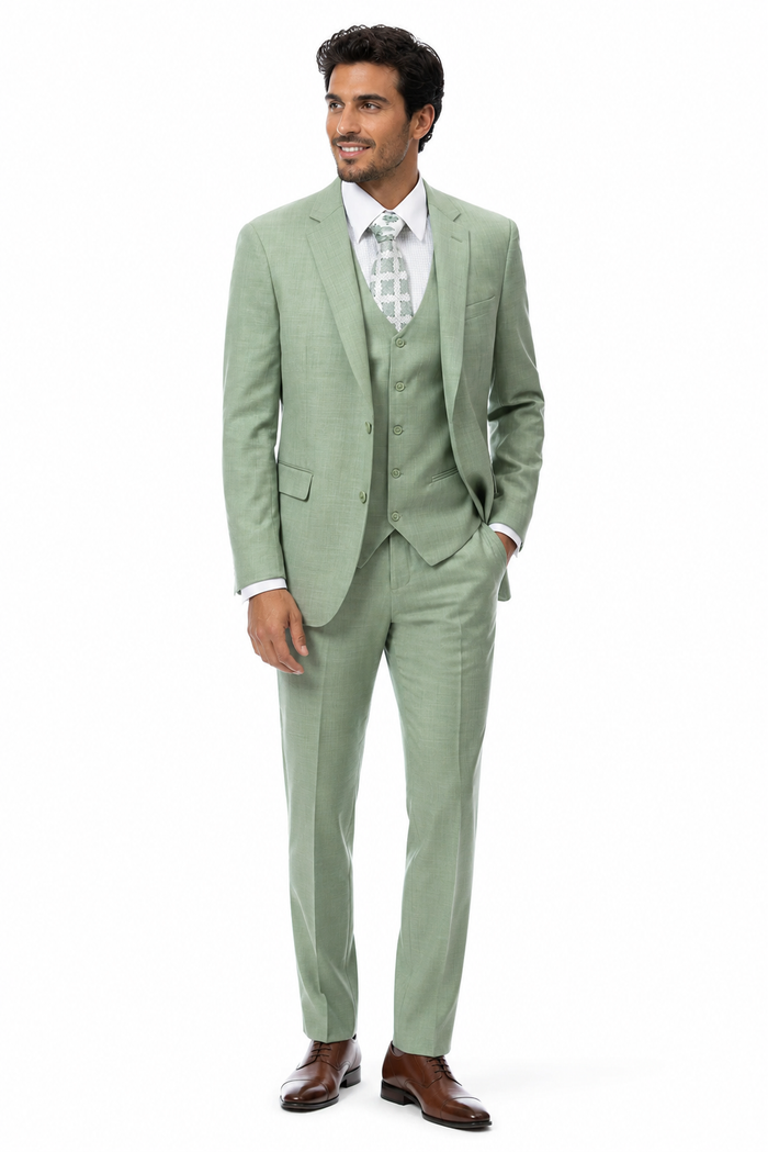 Mens Modern Fit Two Button Vested Notch Lapel Sharkskin Business Suit in Moss Green