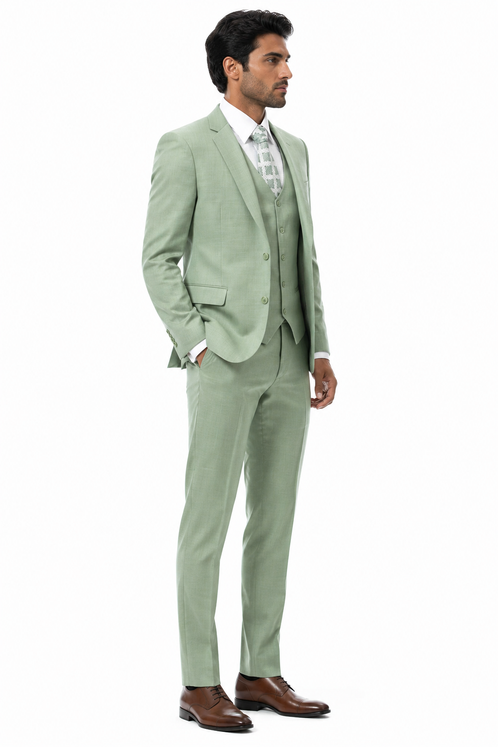 Mens Modern Fit Two Button Vested Notch Lapel Sharkskin Business Suit in Moss Green